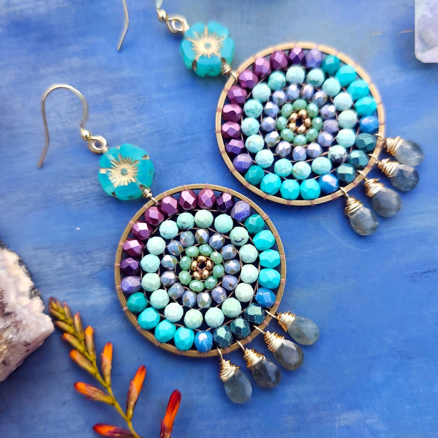 Beaded Mandala Earrings with Aquamarine Drops