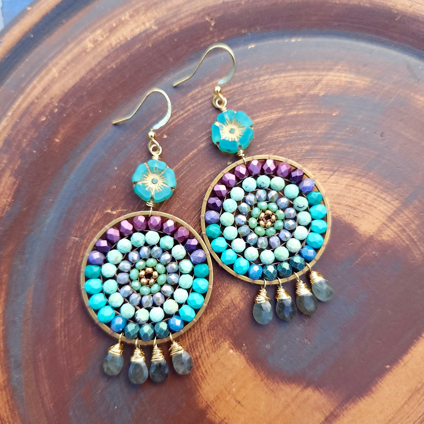 Beaded Mandala Earrings with Aquamarine Drops