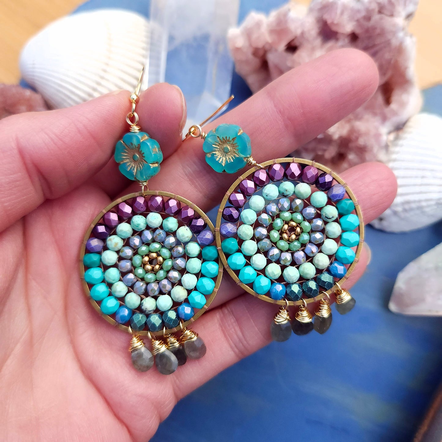 Beaded Mandala Earrings with Aquamarine Drops