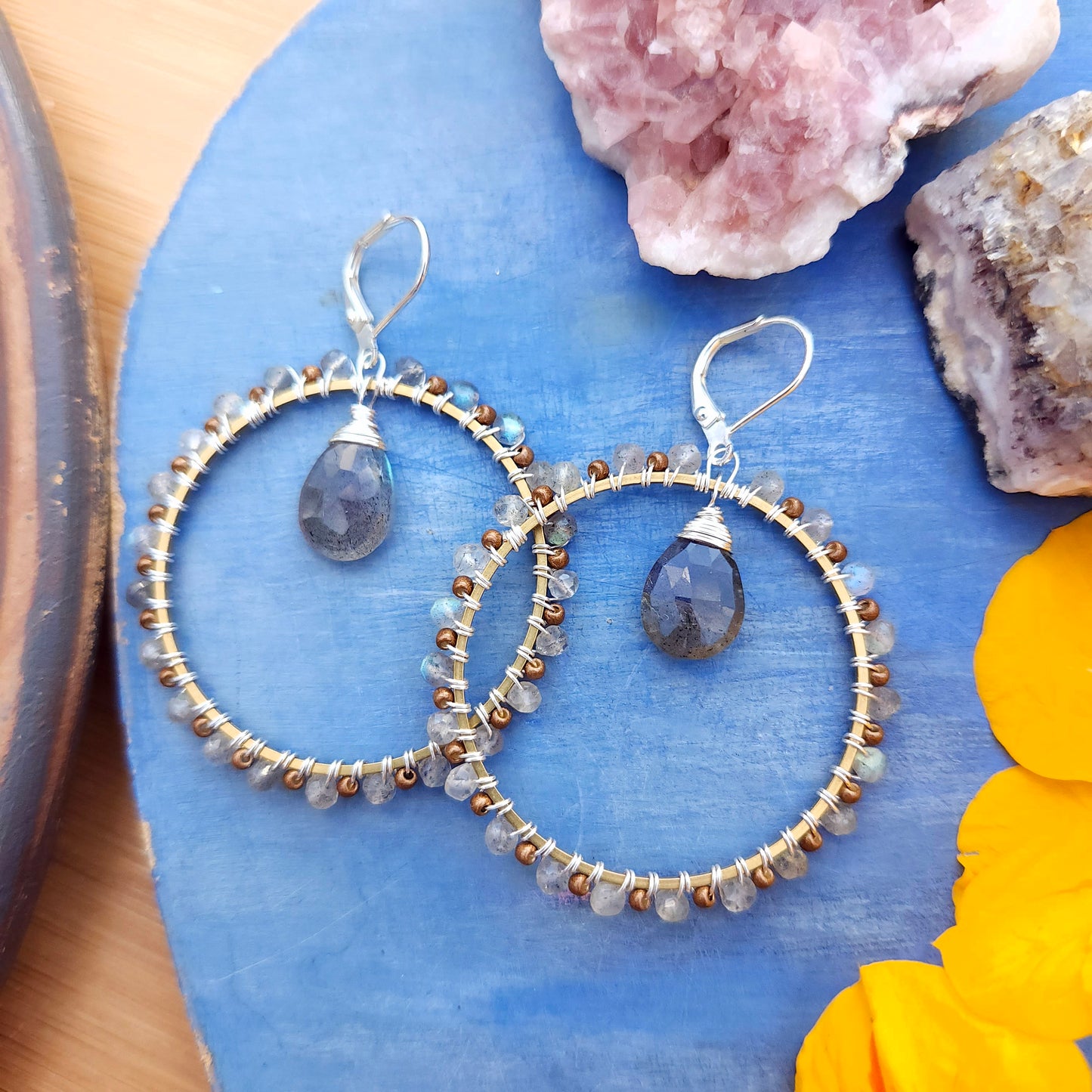 Deluxe Labradorite and Moonstone Mixed Metal Hoops