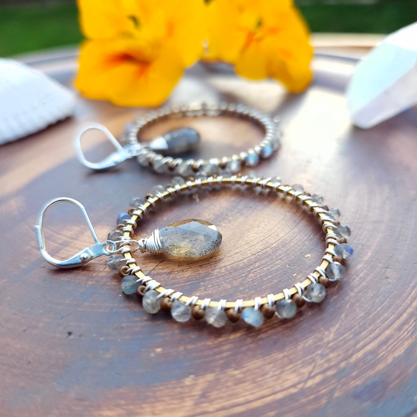 Deluxe Labradorite and Moonstone Mixed Metal Hoops