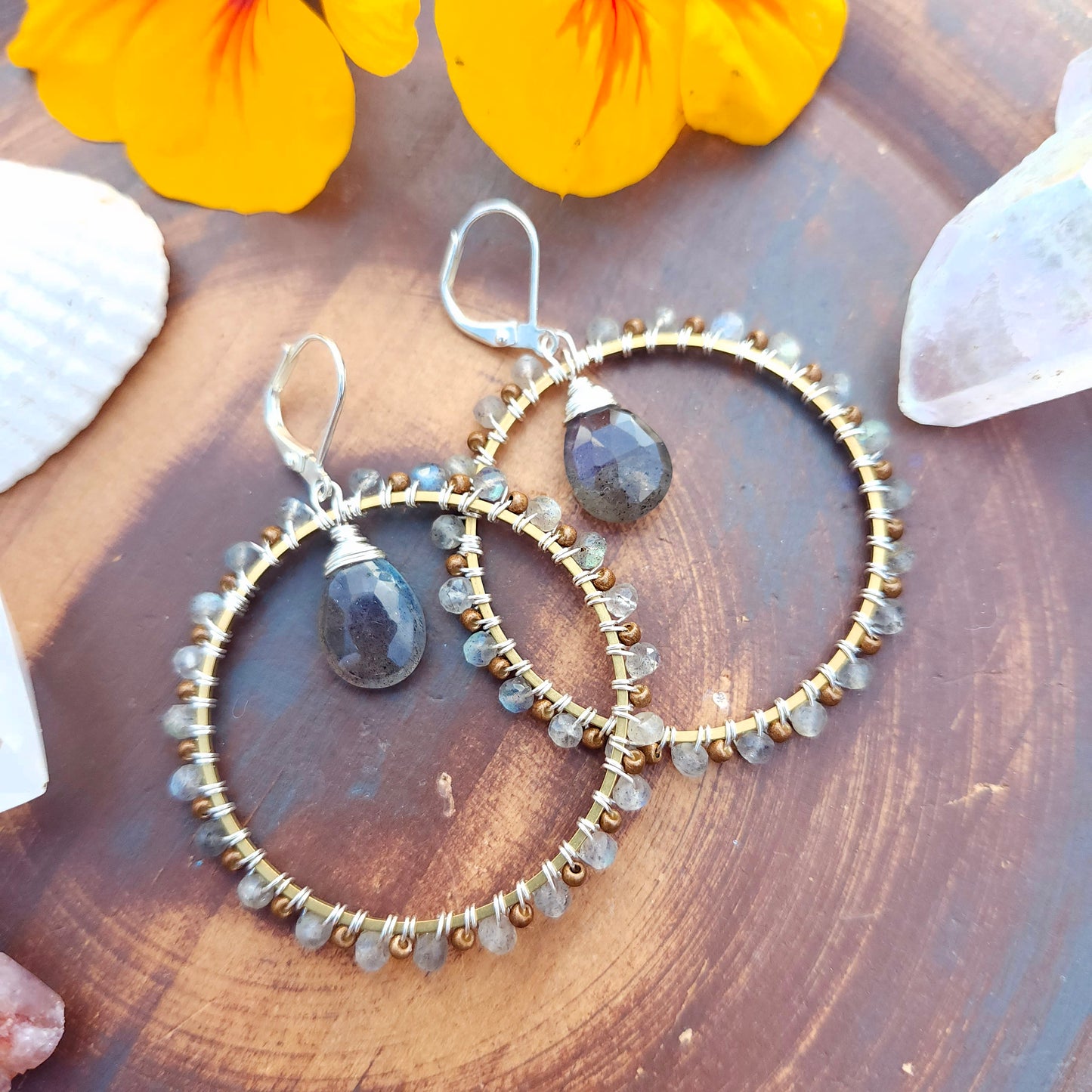 Deluxe Labradorite and Moonstone Mixed Metal Hoops