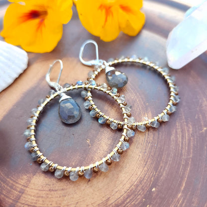 Deluxe Labradorite and Moonstone Mixed Metal Hoops