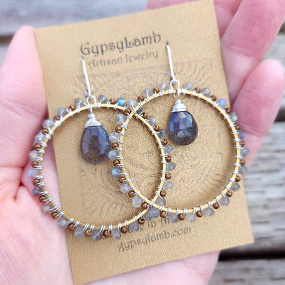 Deluxe Labradorite and Moonstone Mixed Metal Hoops