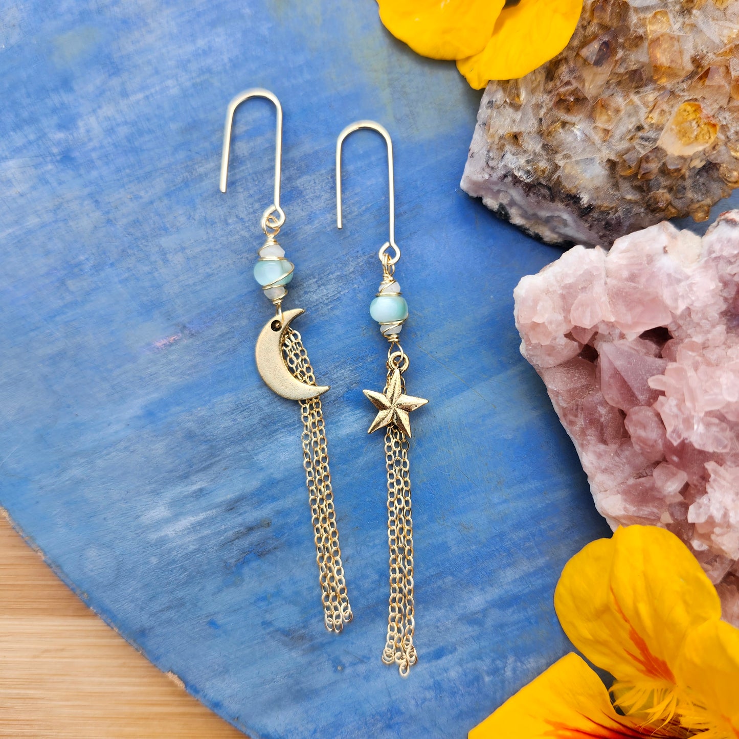 Gold Moon and Star Tassel Earrings