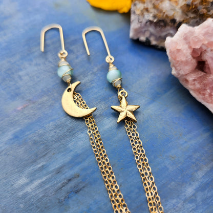 Gold Moon and Star Tassel Earrings