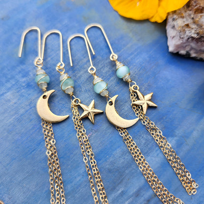 Gold Moon and Star Tassel Earrings