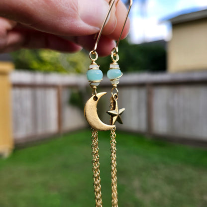 Gold Moon and Star Tassel Earrings