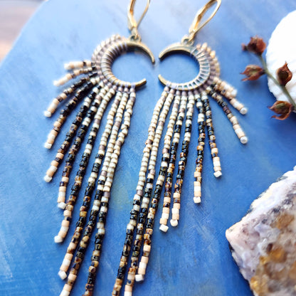 Zora Crescent Moon Beaded Fringe Earrings