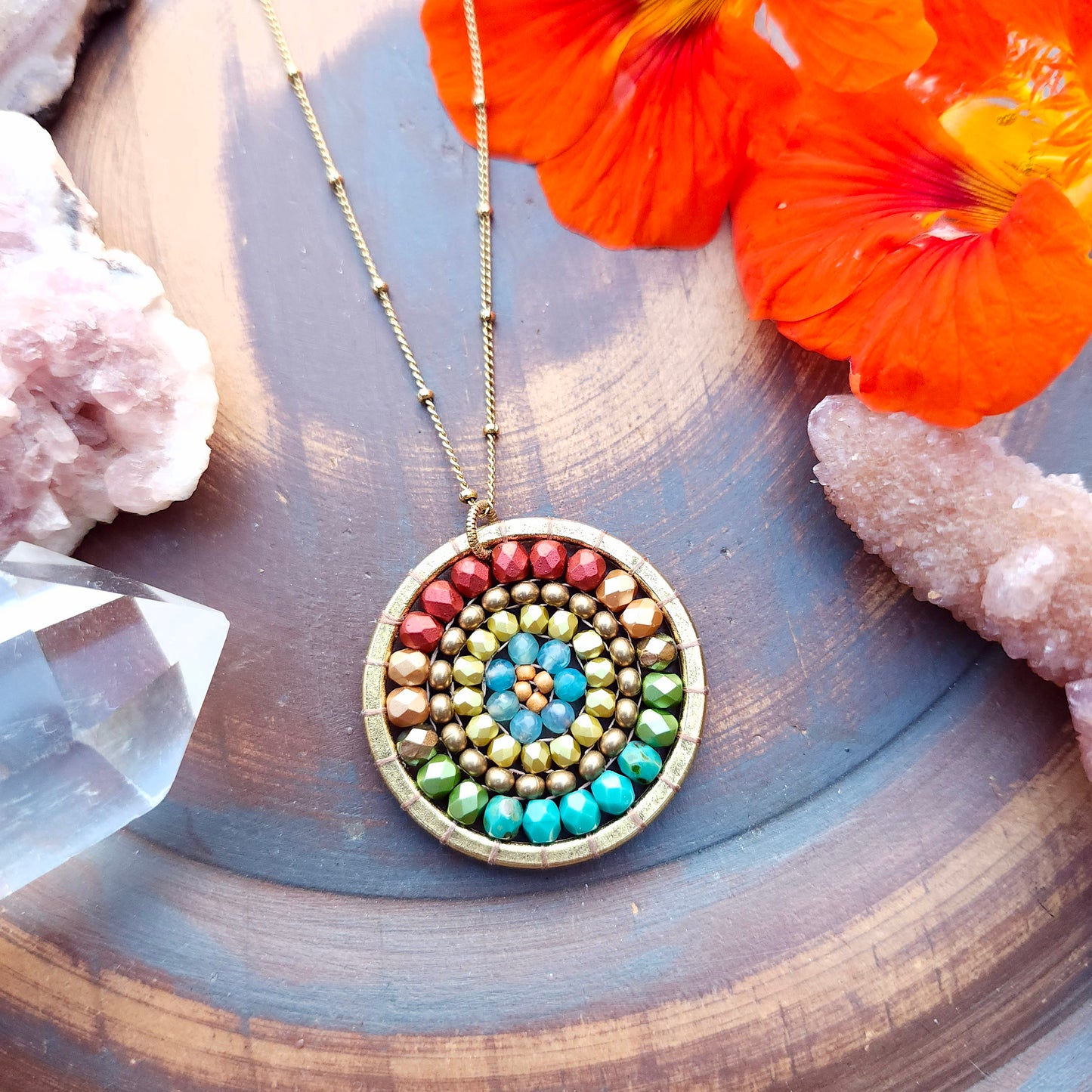 Golden Beaded Mandala Necklace with Blue Agate