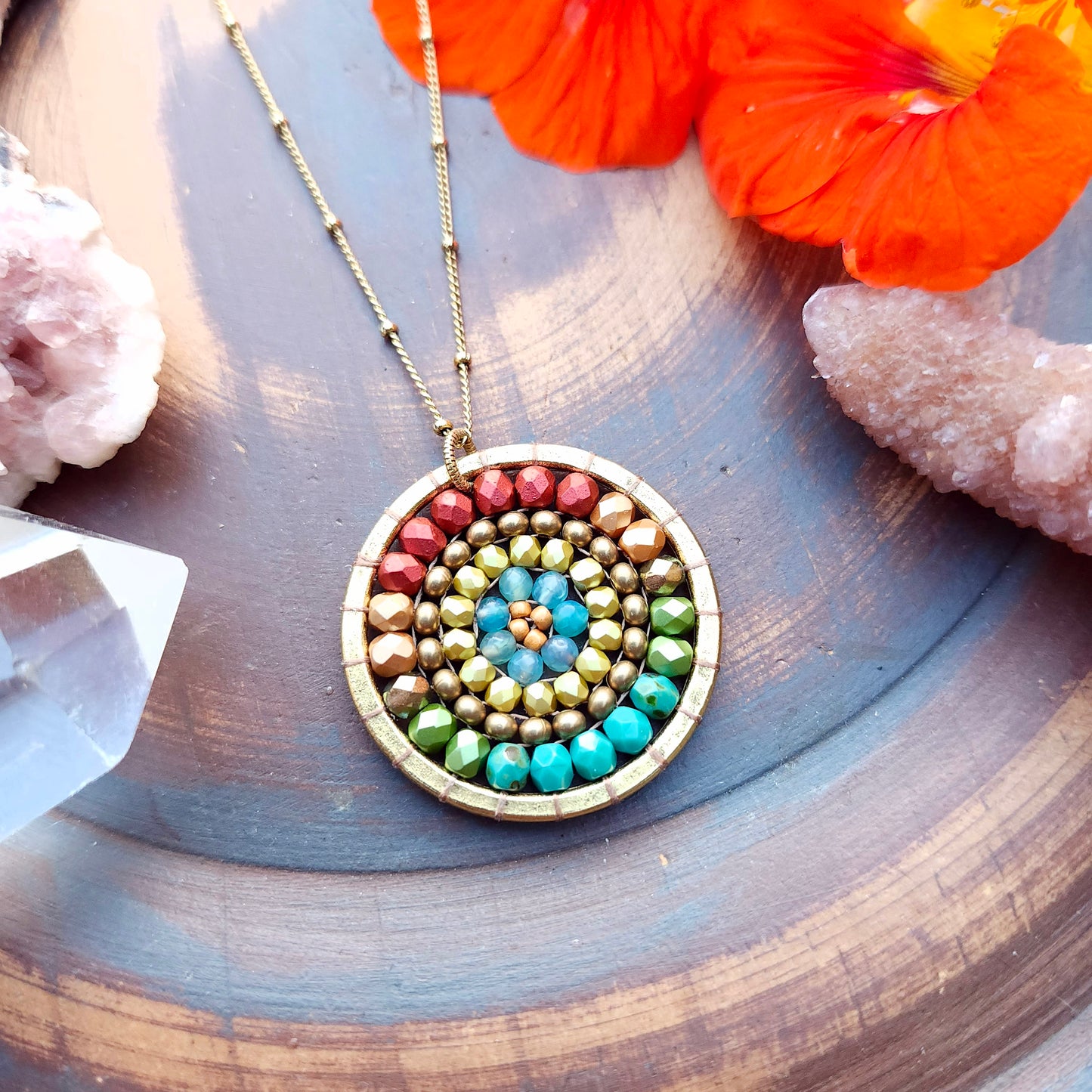 Golden Beaded Mandala Necklace with Blue Agate