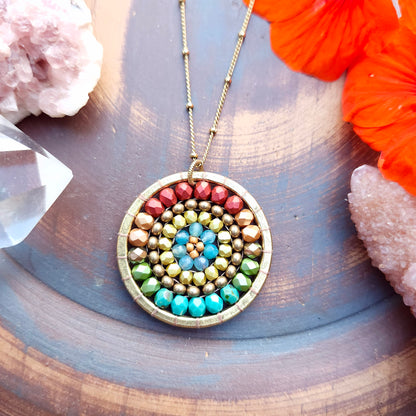 Golden Beaded Mandala Necklace with Blue Agate