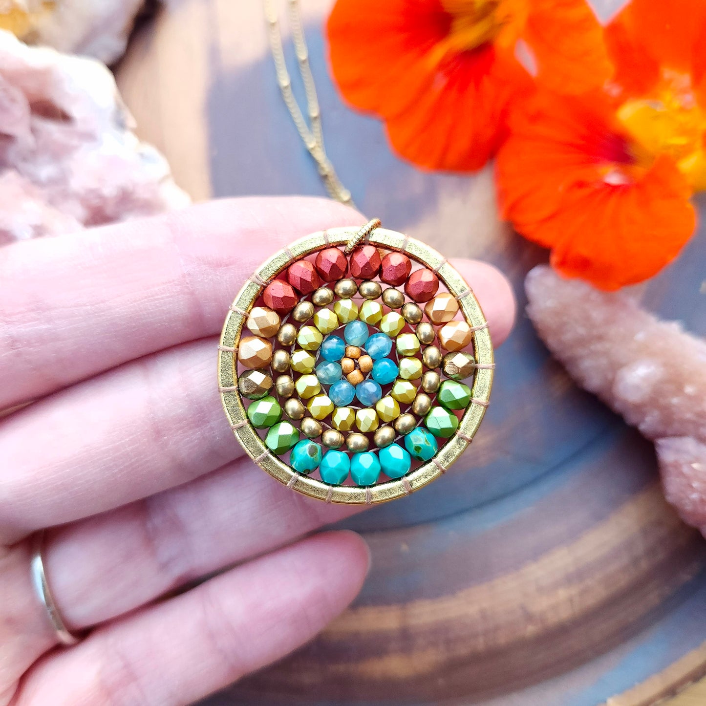 Golden Beaded Mandala Necklace with Blue Agate