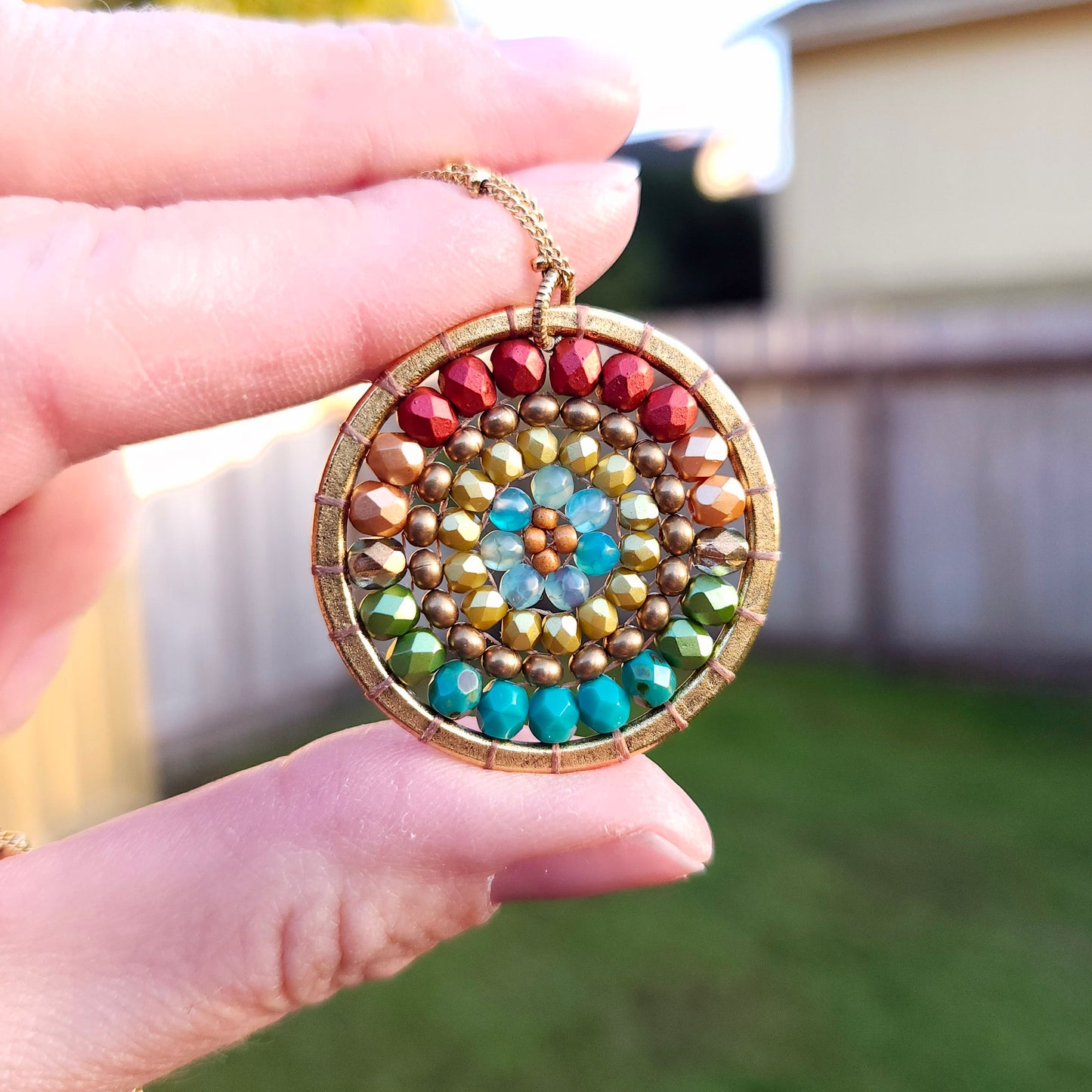 Golden Beaded Mandala Necklace with Blue Agate