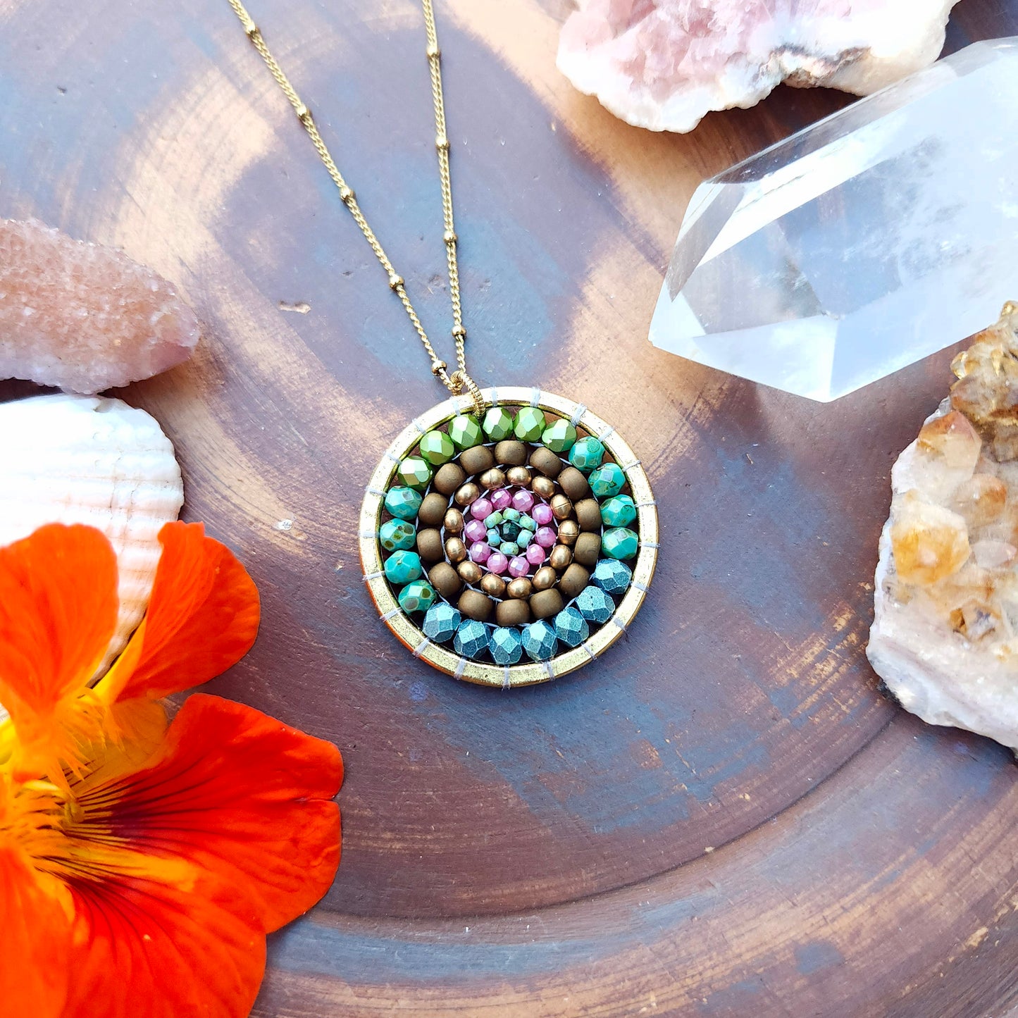 Golden Beaded Mandala Necklace with Pink Tourmaline