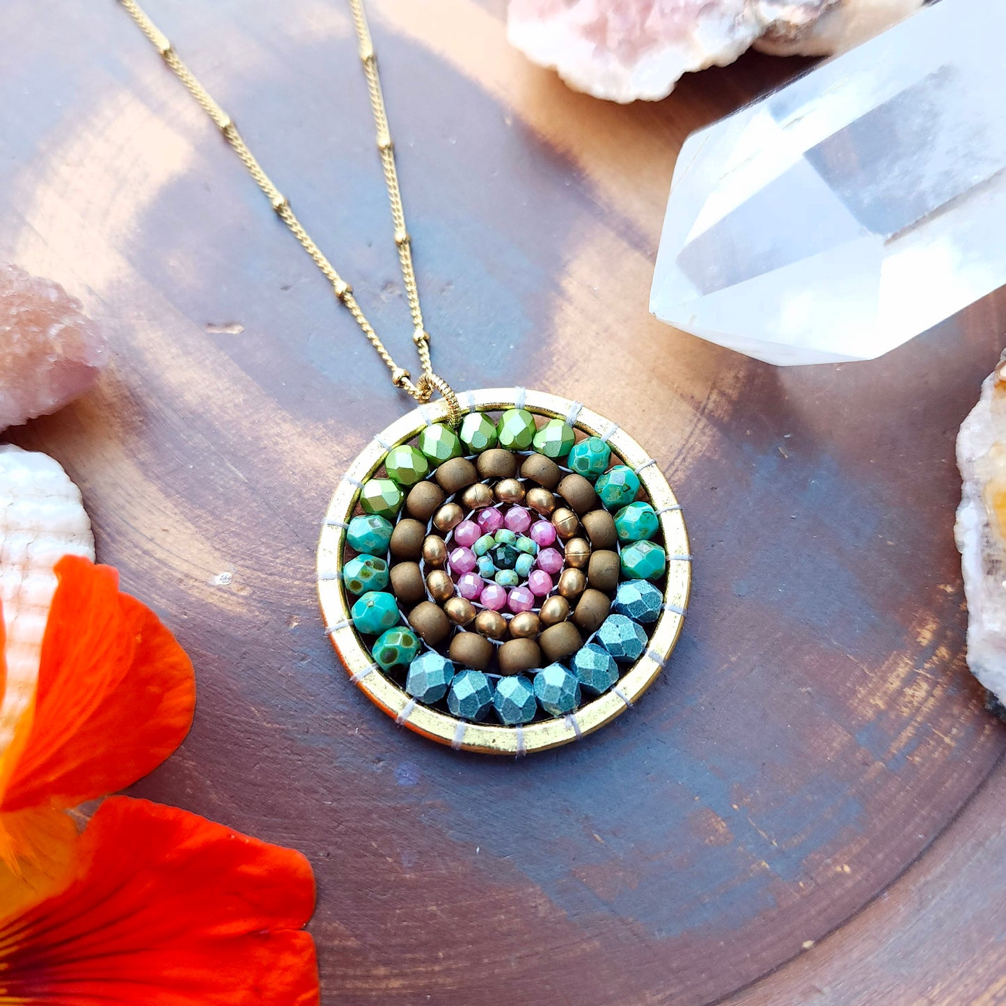 Golden Beaded Mandala Necklace with Pink Tourmaline