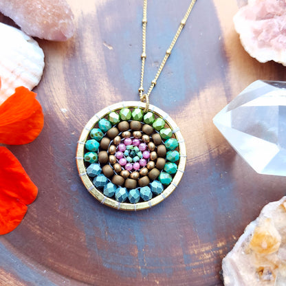 Golden Beaded Mandala Necklace with Pink Tourmaline