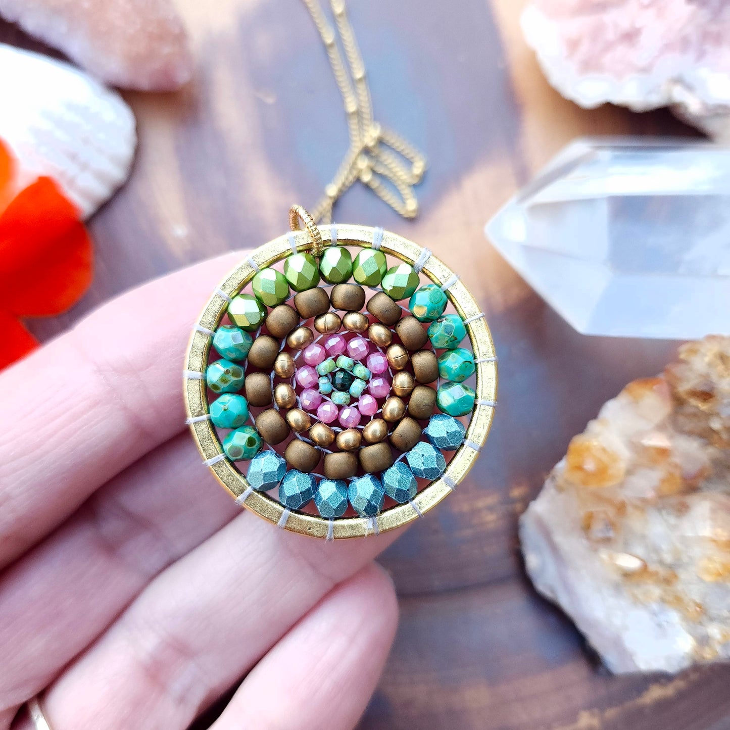 Golden Beaded Mandala Necklace with Pink Tourmaline