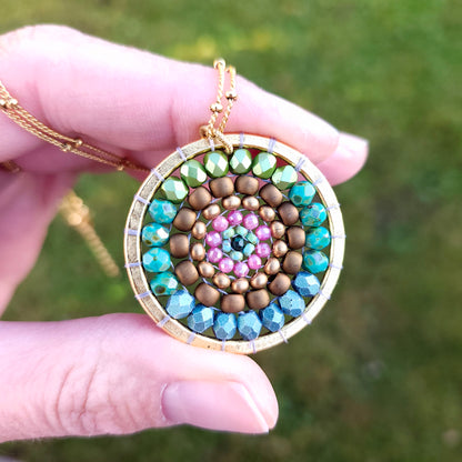 Golden Beaded Mandala Necklace with Pink Tourmaline