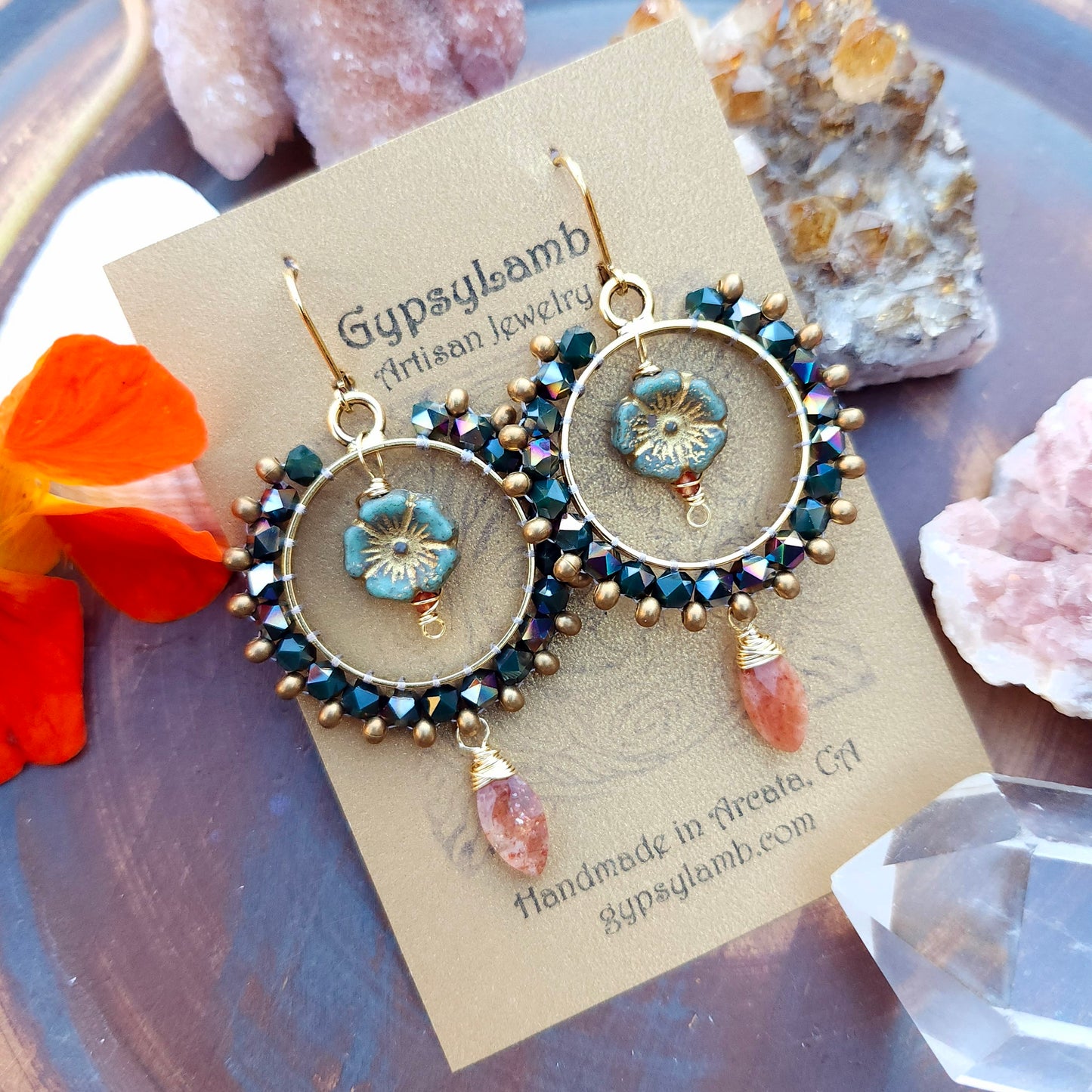 One of a Kind Beaded Crystal Earrings with Sunstone