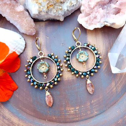 One of a Kind Beaded Crystal Earrings with Sunstone