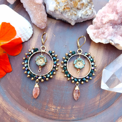 One of a Kind Beaded Crystal Earrings with Sunstone