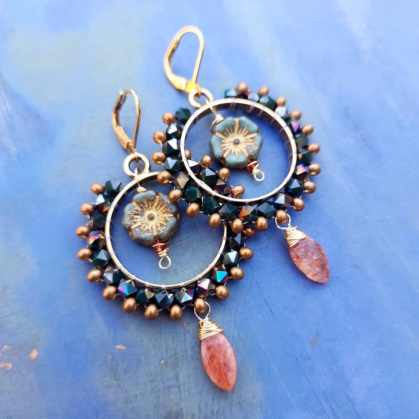 One of a Kind Beaded Crystal Earrings with Sunstone