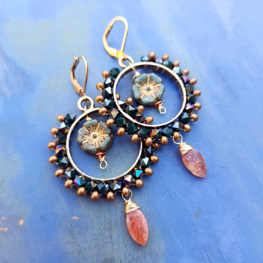 One of a Kind Beaded Crystal Earrings with Sunstone