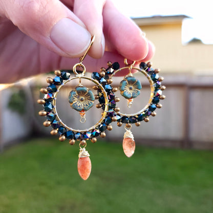 One of a Kind Beaded Crystal Earrings with Sunstone