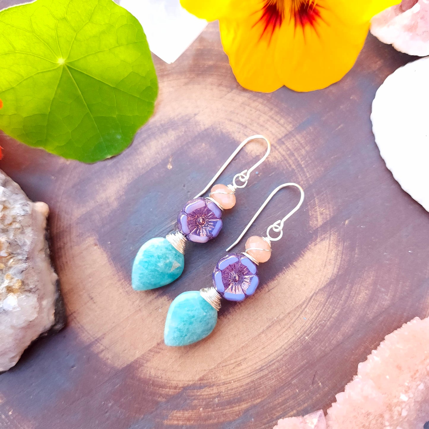 Amazonite and Purple Flower Drop Earrings