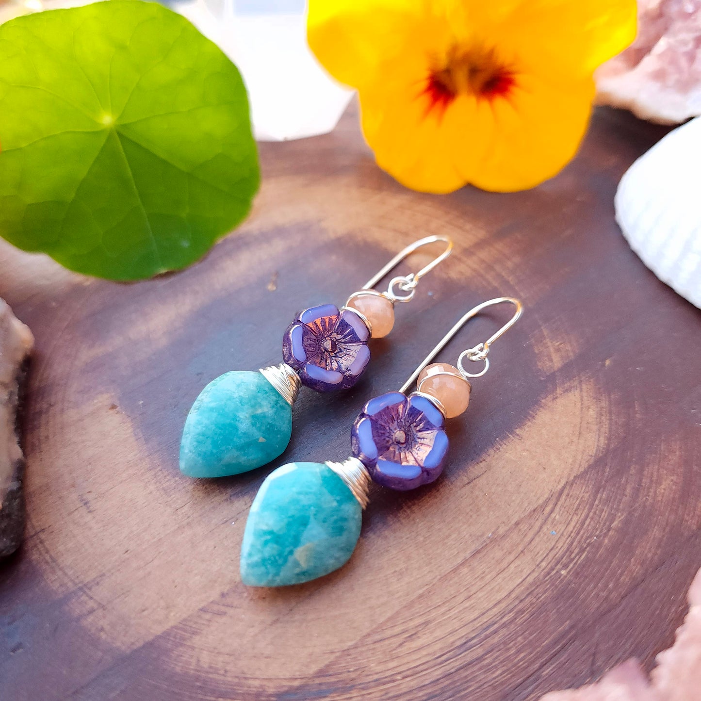 Amazonite and Purple Flower Drop Earrings