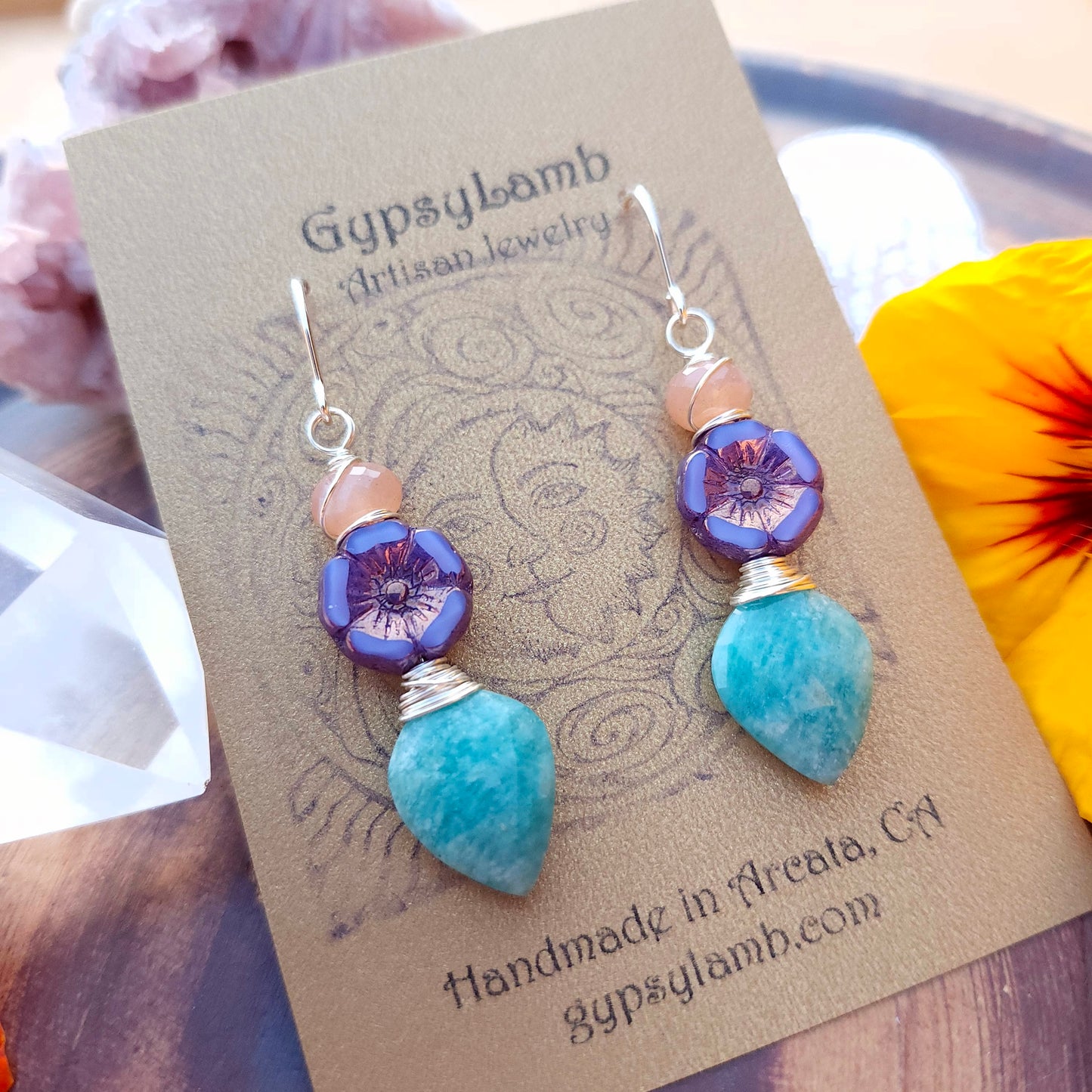 Amazonite and Purple Flower Drop Earrings