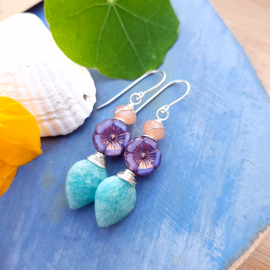 Amazonite and Purple Flower Drop Earrings