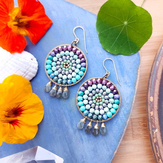 Beaded Mandala Earrings with Aquamarine Drops