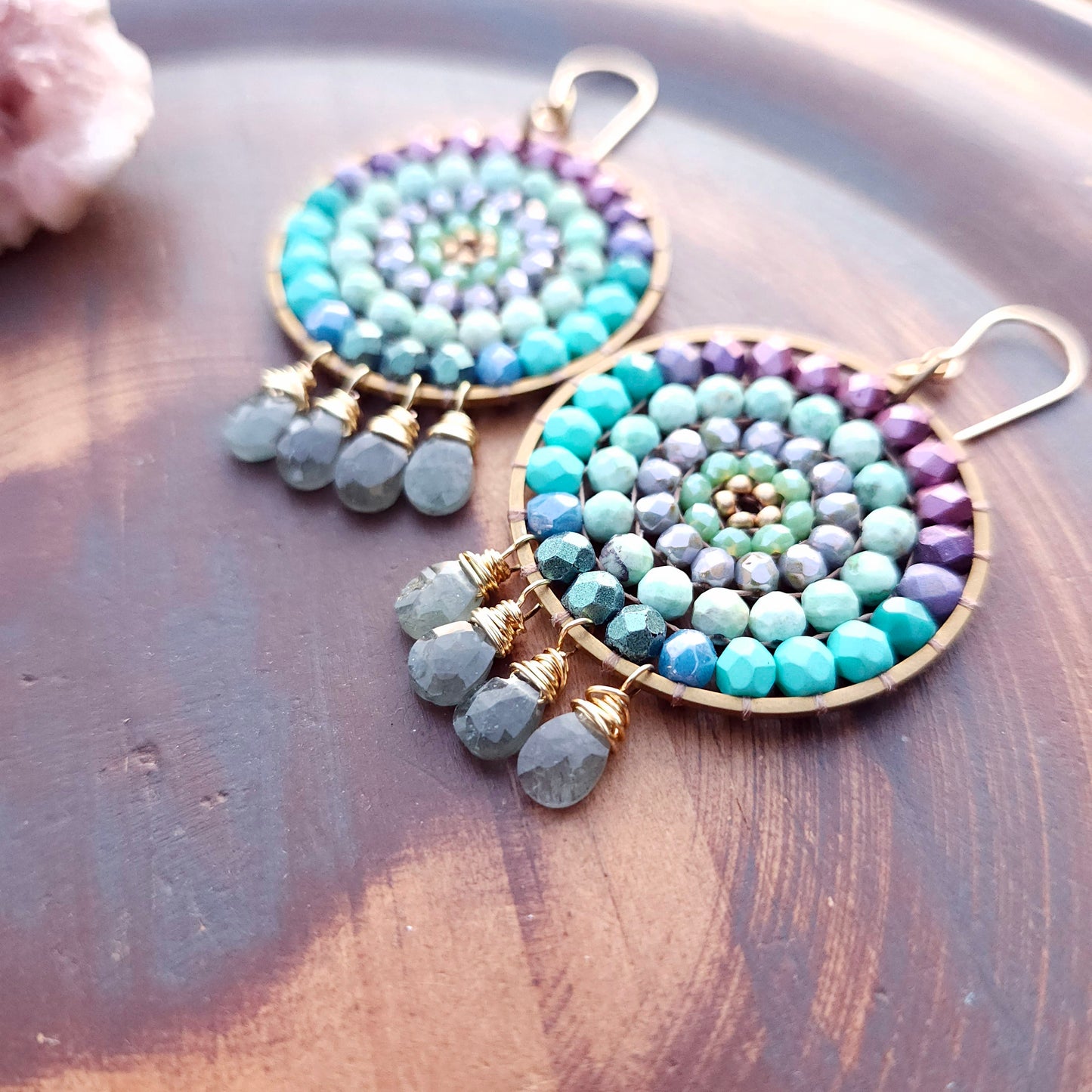 Beaded Mandala Earrings with Aquamarine Drops