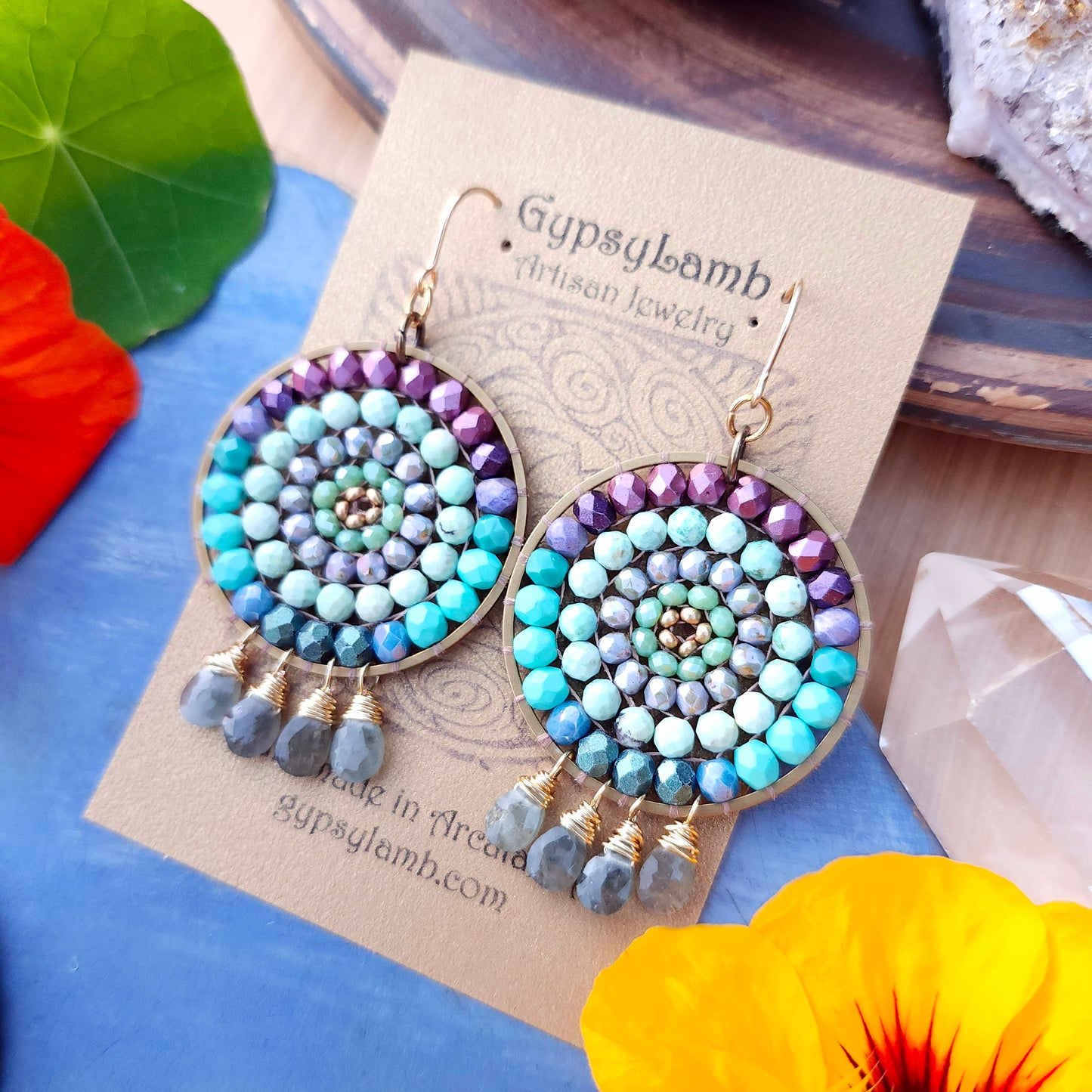 Beaded Mandala Earrings with Aquamarine Drops