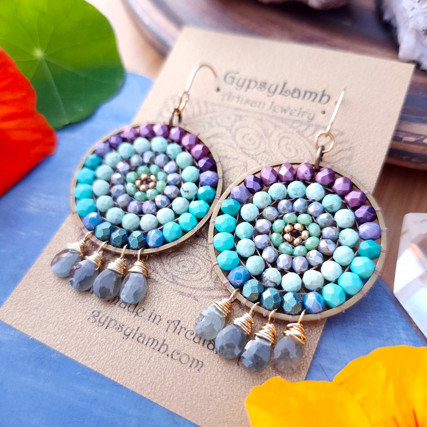 Beaded Mandala Earrings with Aquamarine Drops