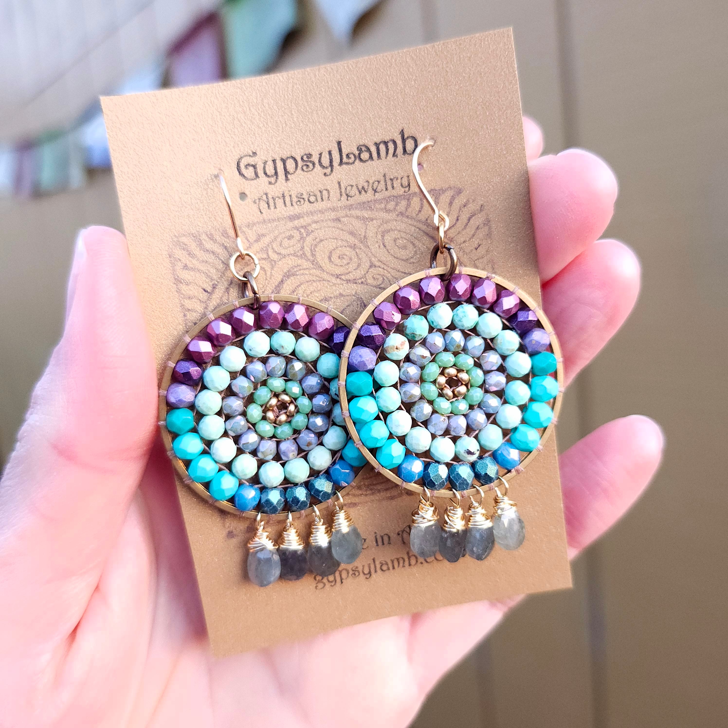 Pastiche Earrings - enamel charms popular by Josephine Beads - color medley - shell, moonstone, ocean jasper, and African turquoise - silver wires