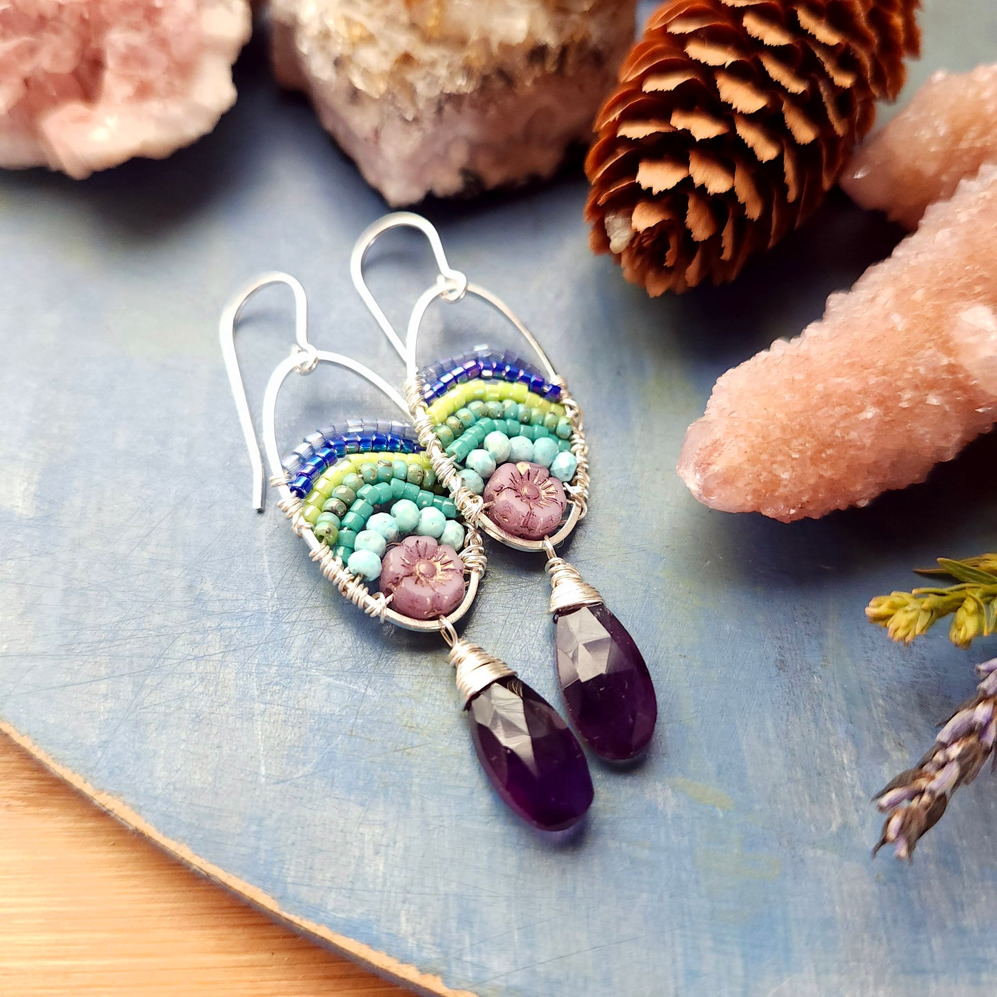 Amethyst Beaded Blooms Earrings with Larimar