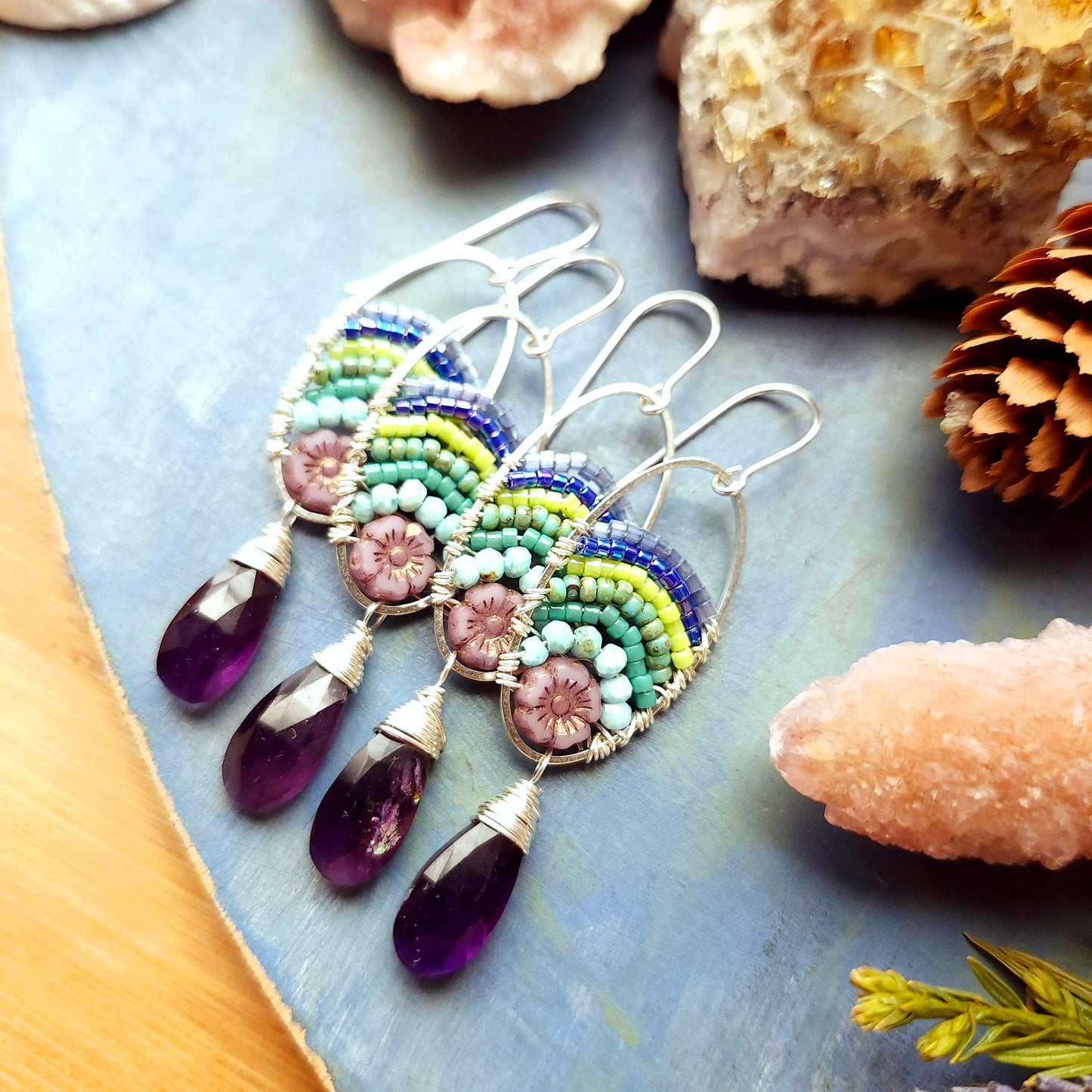 Amethyst Beaded Blooms Earrings with Larimar