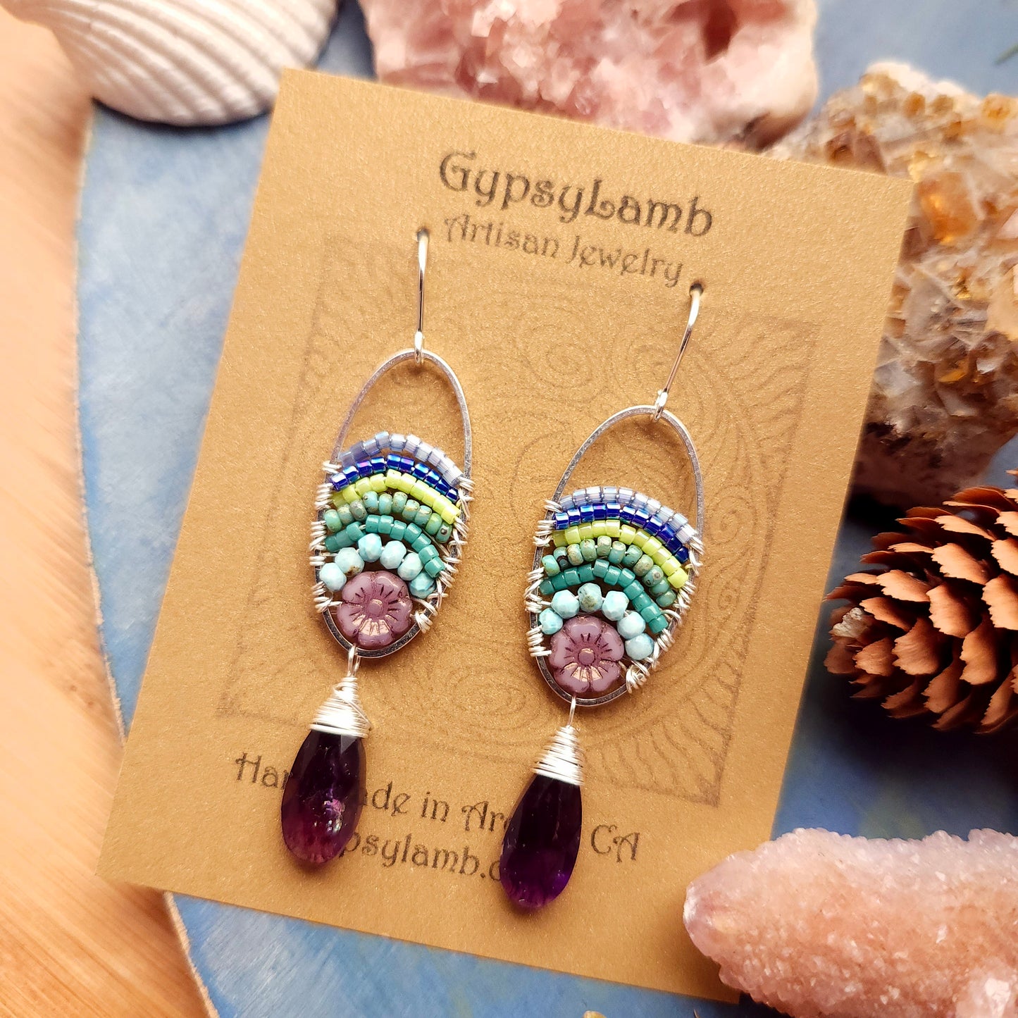 Amethyst Beaded Blooms Earrings with Larimar