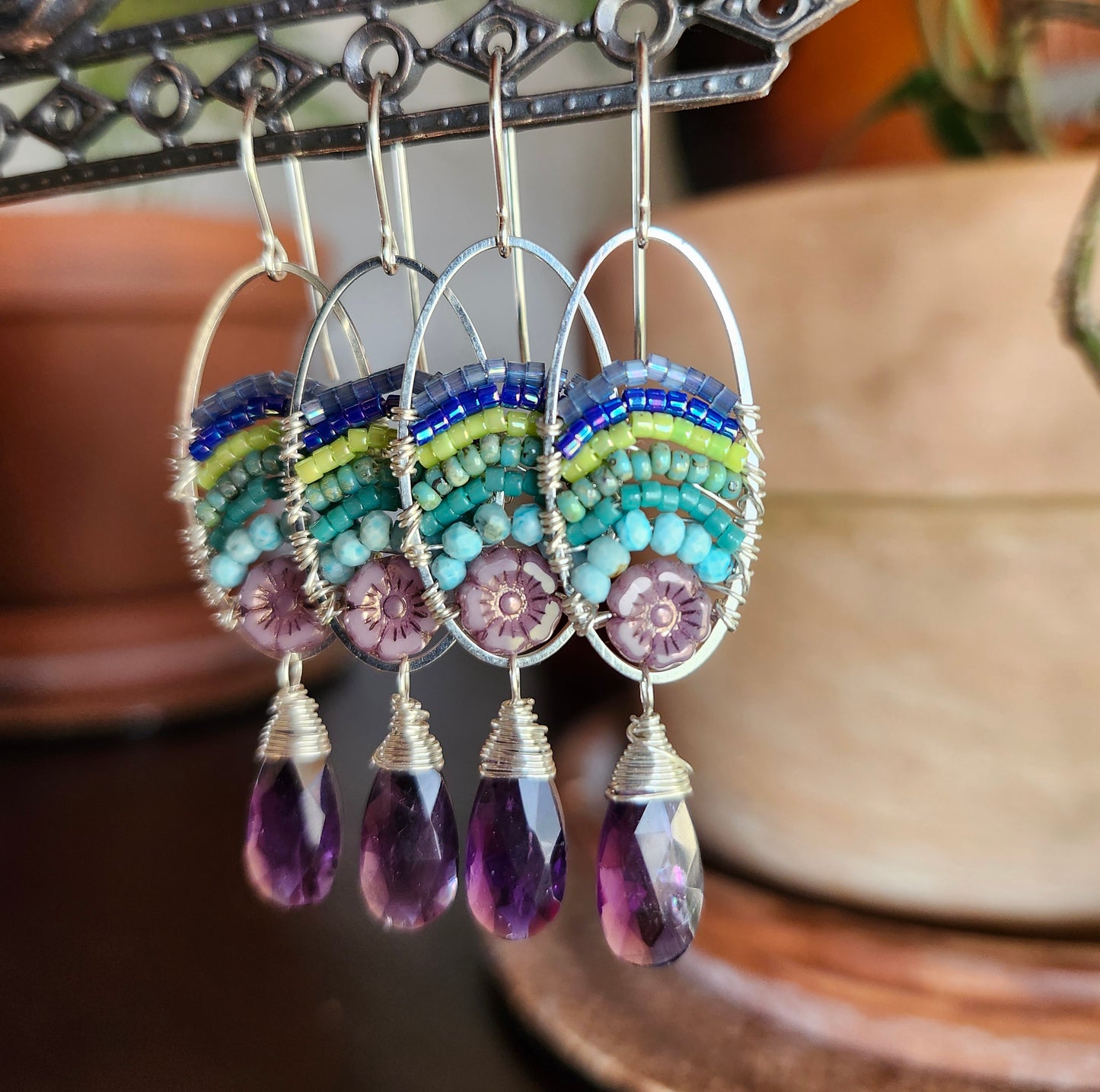 Amethyst Beaded Blooms Earrings with Larimar