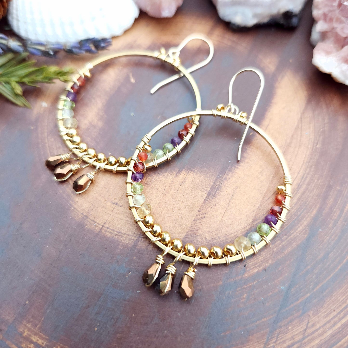 Mixed Gemstone Wirewrapped Hoops