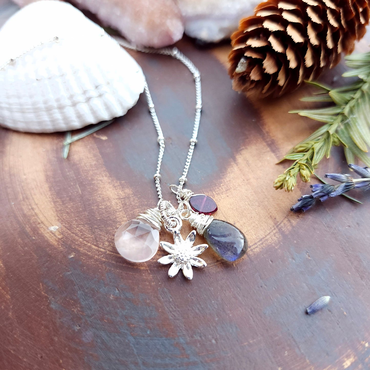 One of a Kind Labradorite and Rose Quartz Charm Necklace