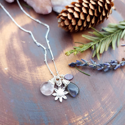 One of a Kind Labradorite and Rose Quartz Charm Necklace