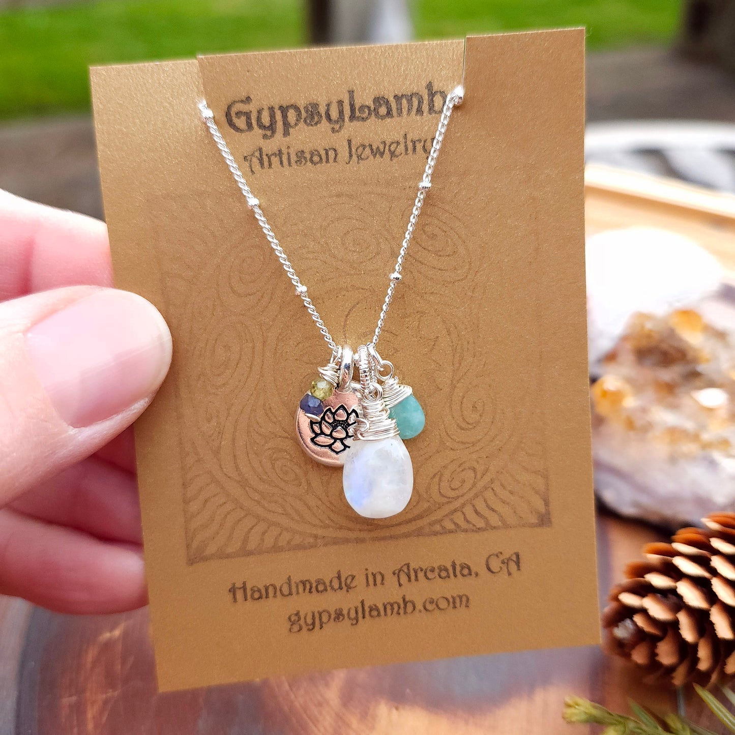 One of a Kind Amazonite and Rainbow Moonstone Charm Necklace