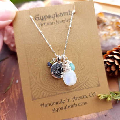 One of a Kind Amazonite and Rainbow Moonstone Charm Necklace