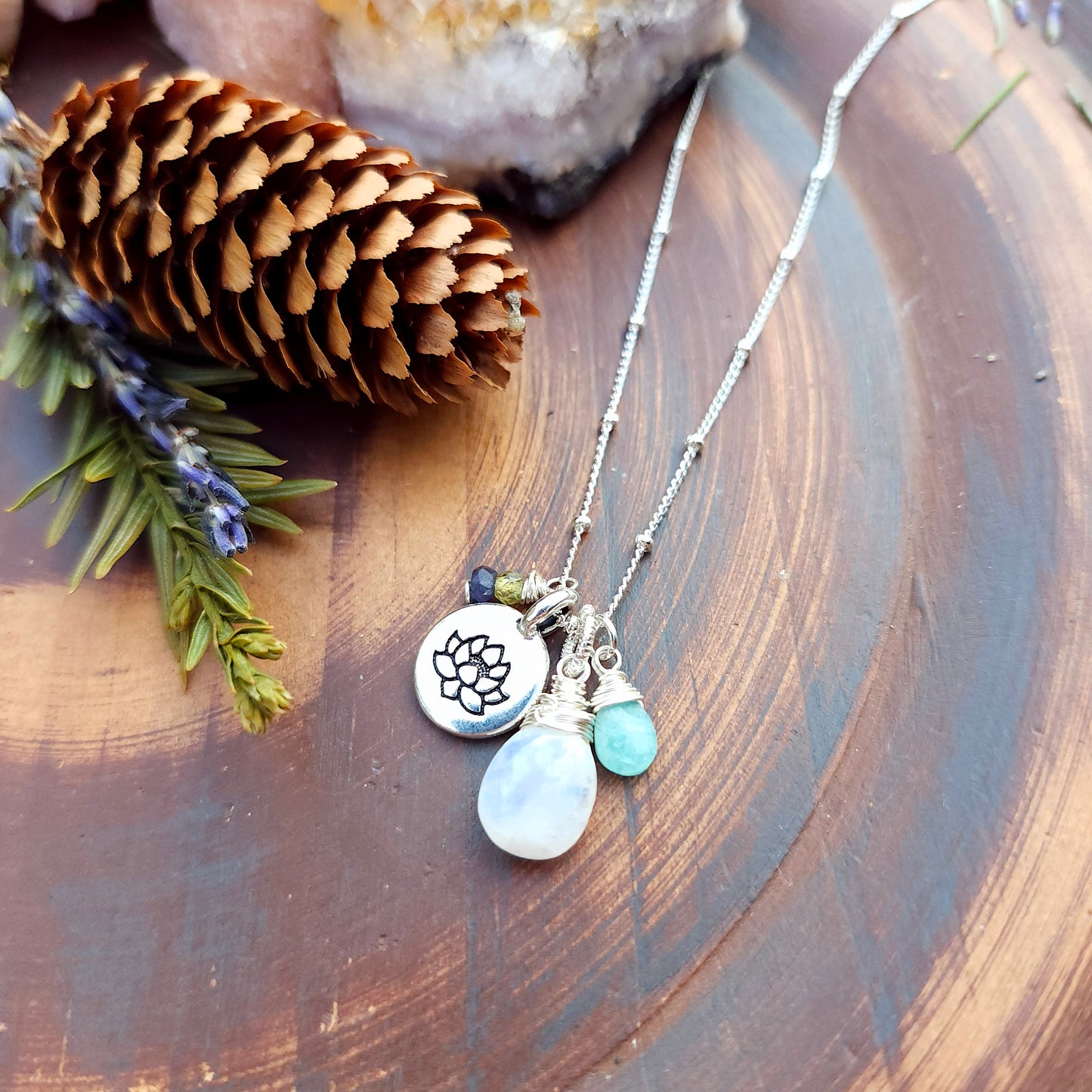 One of a Kind Amazonite and Rainbow Moonstone Charm Necklace