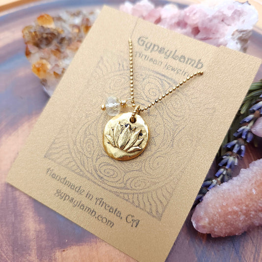 Gold Rutilated Quartz and Lotus Charm Necklace