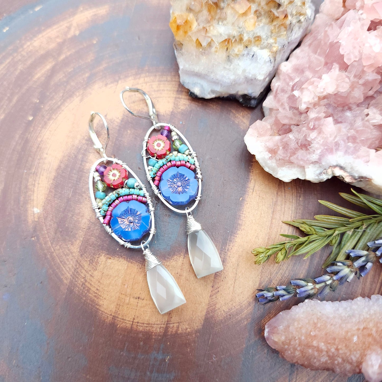 White Moonstone Beaded Blooms Earrings